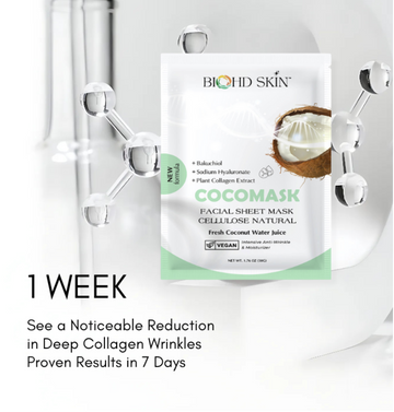 BIOHD SKIN Bakuchiol Coconut Sheet Mask, Vegan Hydrating Facial Mask with Sodium Hyaluronate & Plant Collagen, K-Beauty Self Care, 3 Sheets
