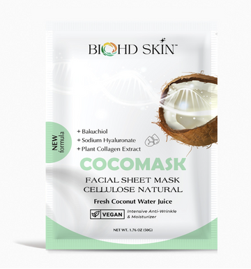 BIOHD SKIN Bakuchiol Coconut Sheet Mask, Vegan Hydrating Facial Mask with Sodium Hyaluronate & Plant Collagen, K-Beauty Self Care, 3 Sheets