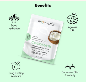 BIOHD SKIN Bakuchiol Coconut Sheet Mask, Vegan Hydrating Facial Mask with Sodium Hyaluronate & Plant Collagen, K-Beauty Self Care, 3 Sheets