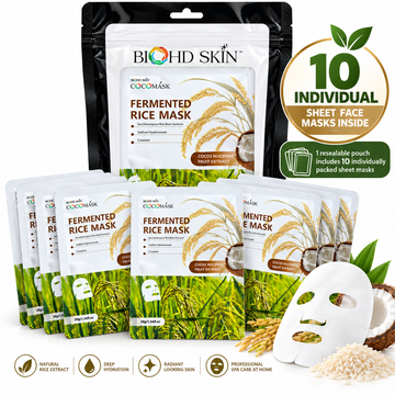 BIOHD SKIN COCOMASK Fermented Rice Face Mask, Hydrating Sheet Masks with Sodium Hyaluronate, Creatine & Coconut Fruit Extract, 10 Sheets (1.34 oz Each)