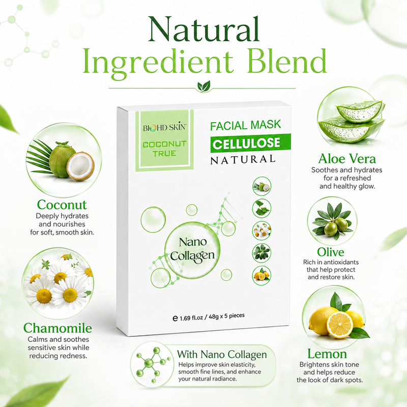 BIOHD SKIN Biocellulose Collagen Face Mask with Coconut, Hydrating Sheet Masks for Face Skincare, 5 Count