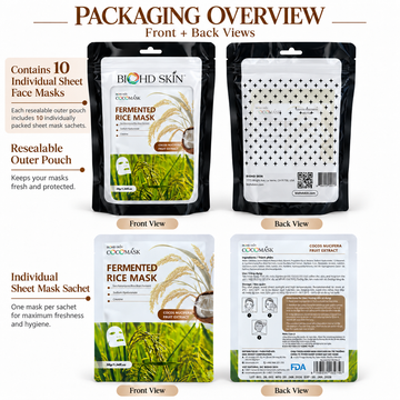 BIOHD SKIN COCOMASK Fermented Rice Face Mask, Hydrating Sheet Masks with Sodium Hyaluronate, Creatine & Coconut Fruit Extract, 10 Sheets (1.34 oz Each)