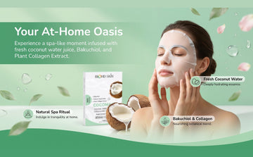 bakuchiol coconut sheet mask at-home spa banner with coconut water and plant collagen