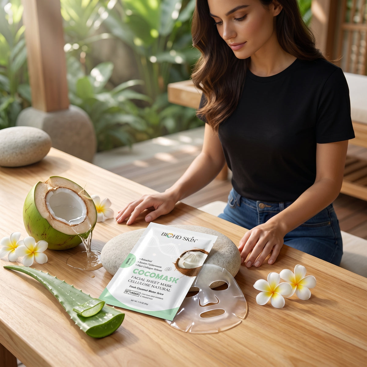 Model with BIOHD SKIN COCOMASK and fresh coconuts flat lay scene