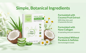 bio collagen face mask simple botanical ingredients banner coconut aloe chamomile